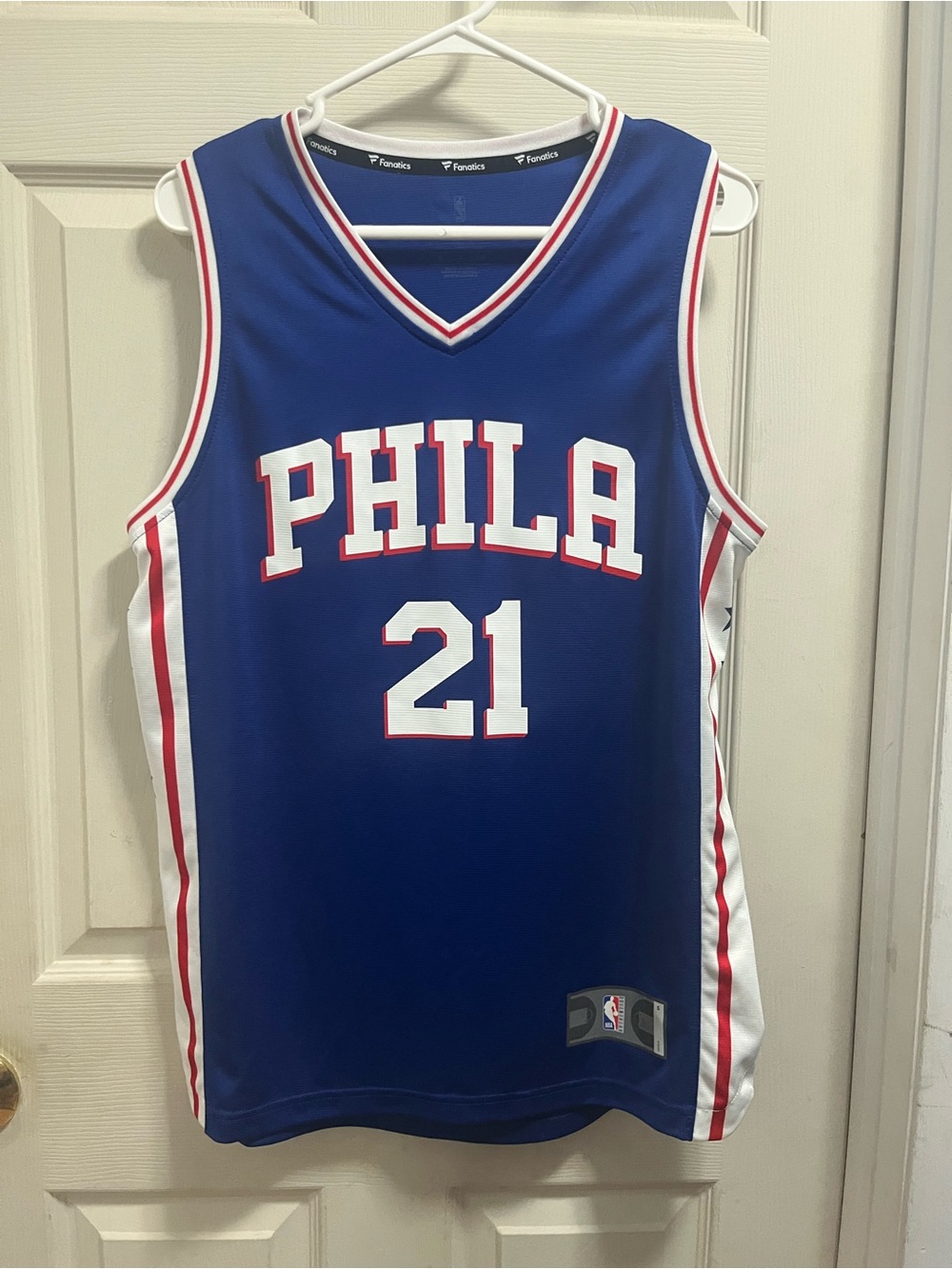 Fanatics Blue PHILA 21 Basketball Jersey with White and Red Trim